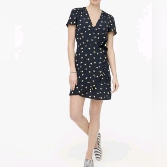 J. Crew Lemon Fruit Print Blue True Wrap Dress Women's 4 - Picture 2 of 8
